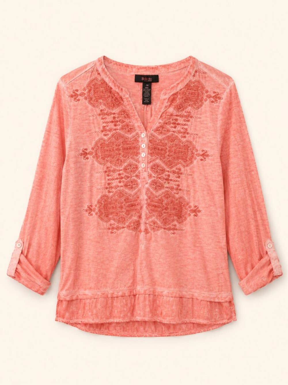 Style & Co Petite Boho Embroidered Top PM Light Red Peasant Coastal Fall